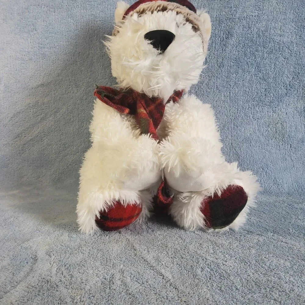 Gentle Treasures Plush White Dog Bear Red Plaid Winter Hat Scarf Holiday Stuff